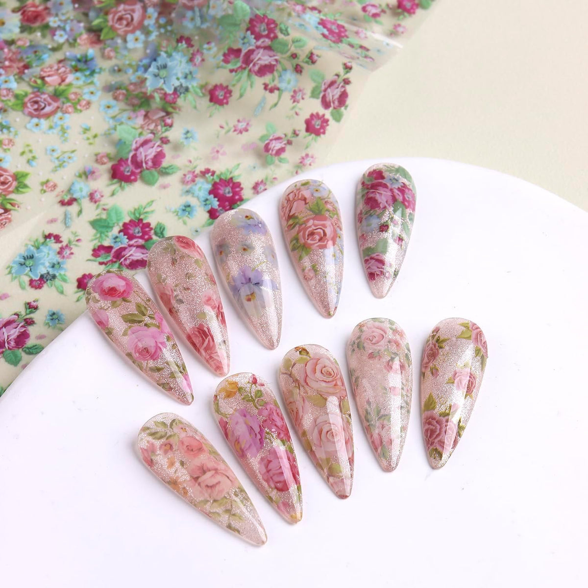 10 Rolls Flower Nail Art Foils Stickers Colorful Rose Floral Designs