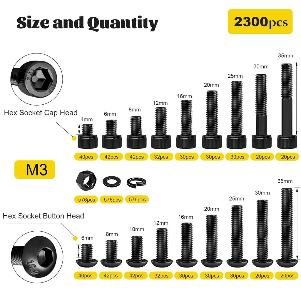 2300PCS M3 Hex Socket Head & Button Head Screws Nuts Assortment Kit