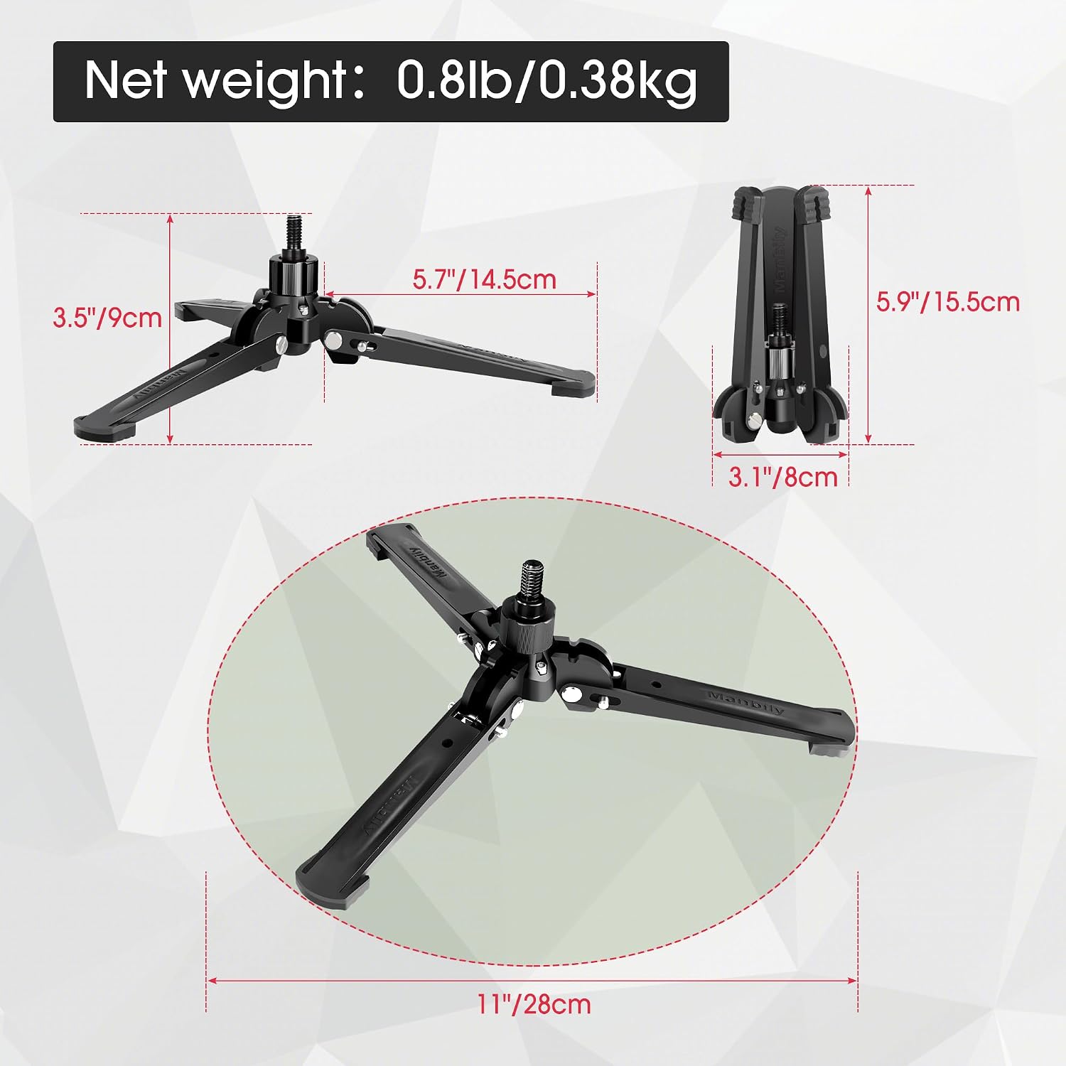 Mini Tripod Base for Monopods, 3/8" Screw Desktop Stand with Three Feet, Monopod Support, Travel for Ball Head