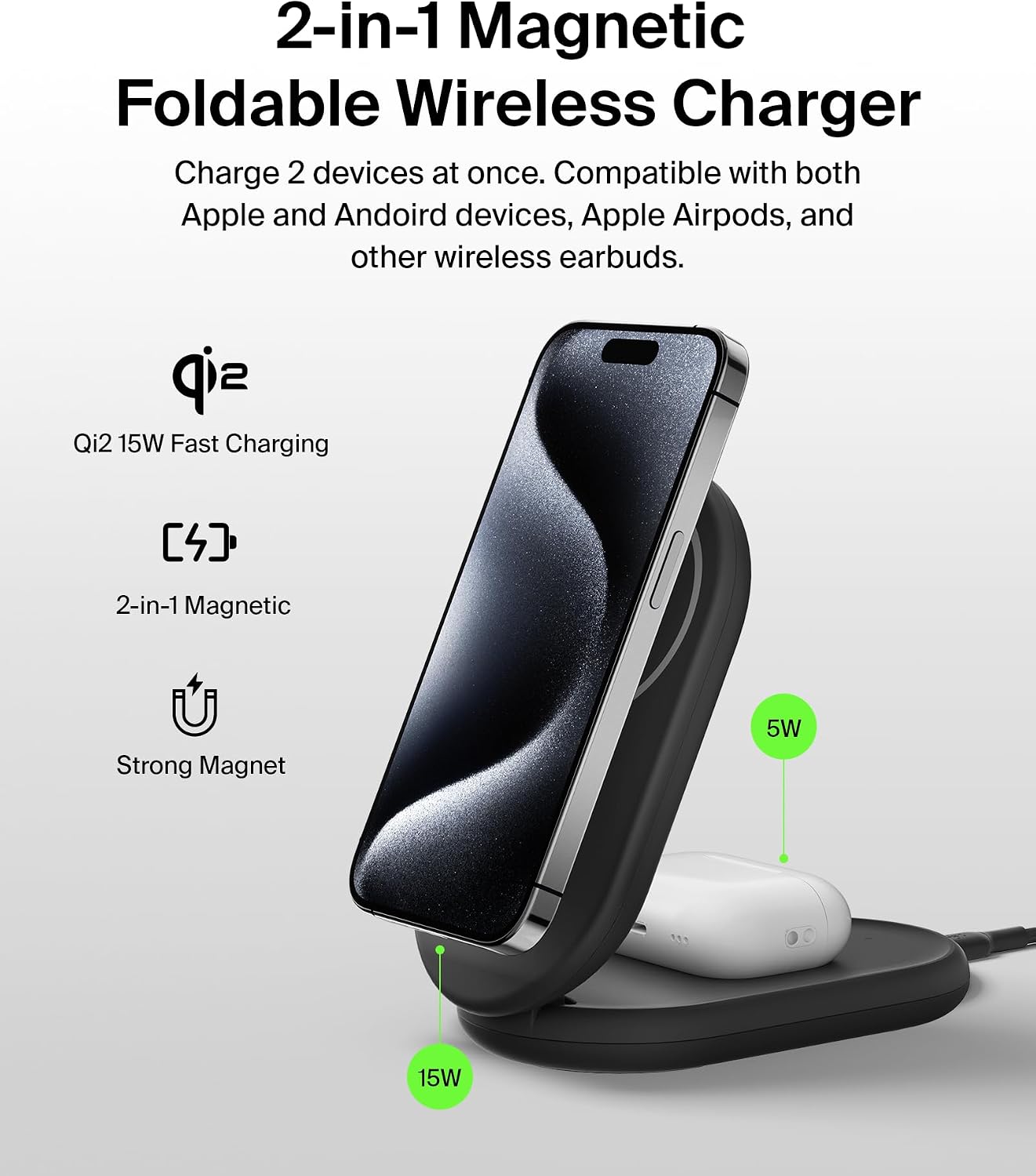 Qi2 15W Magnetic Wireless Charger, 2 in 1 Foldable, Non-Slip | MagSafe compatible, iPhone 16, Apple Watch, Samsung