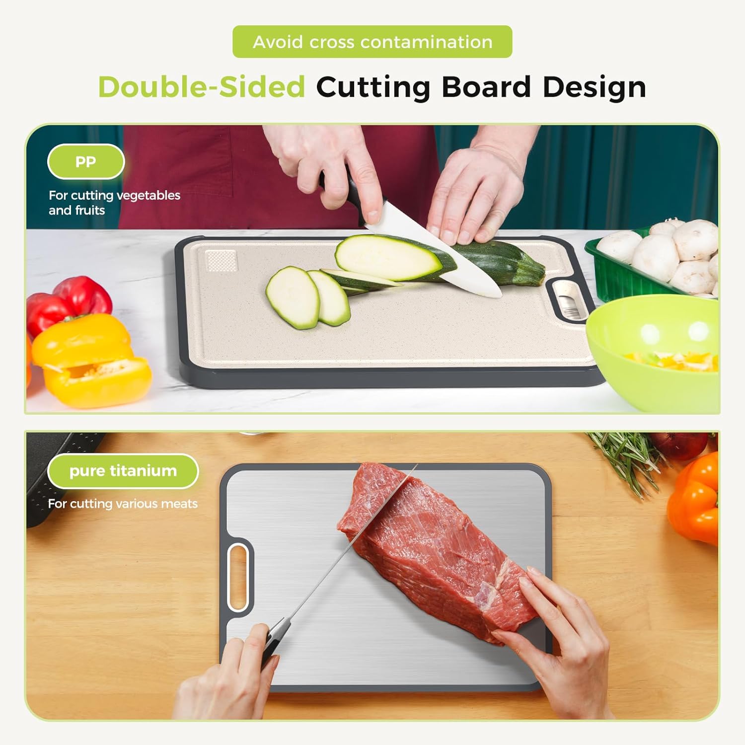 Titanium Cutting Board for Kitchen, Cutting Board Double Sided Food Grade, Pure Titanium/PP, Easy to Clean Large Size