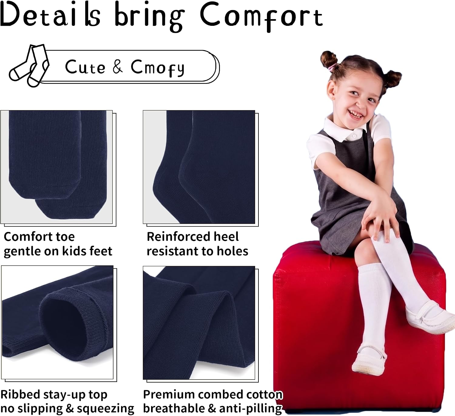 Girls Knee High Socks School Uniform Dress Sock Combed Cotton Black | For Kids 6-12