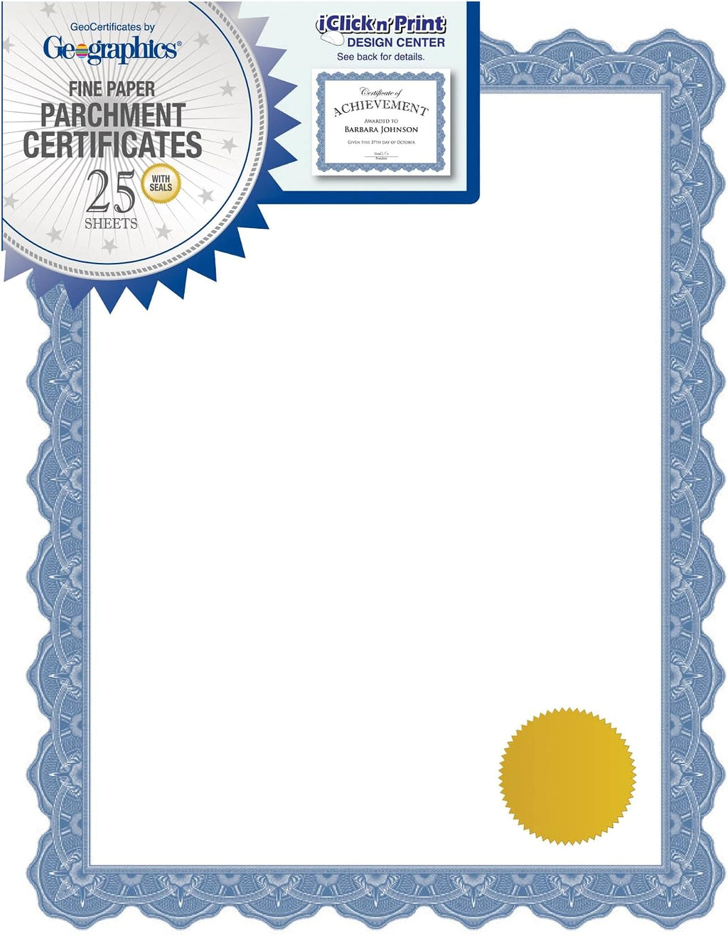 Optima Blue Award Certificate Paper - Gold Foil Seals, 25 Pack - 8.5 x 11 in