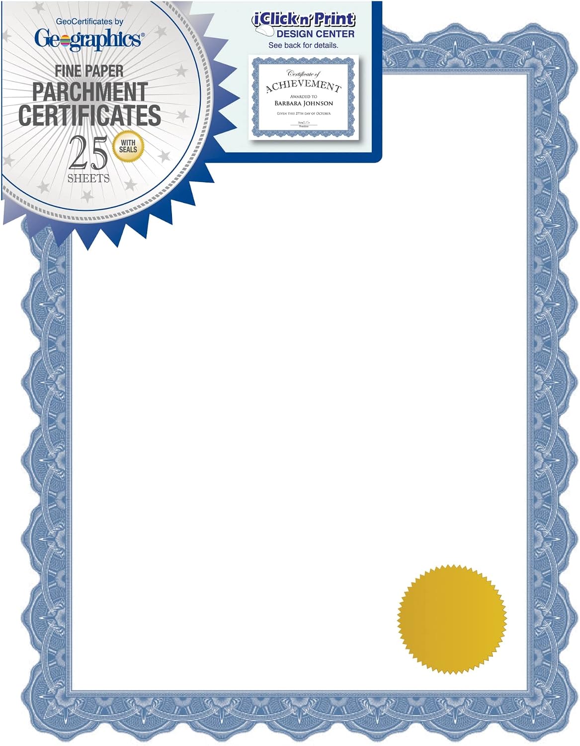 Optima Blue Award Certificate Paper - Gold Foil Seals, 25 Pack - 8.5 x 11 in