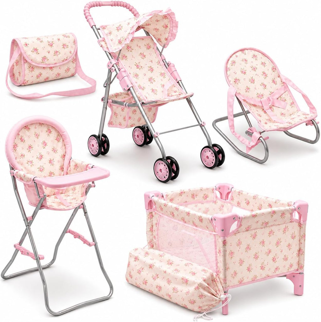 Baby Doll Stroller Bed and Seat Nursery Playset, Baby Doll Accessories Set High Chair Diaper Bag Role Play Deluxe