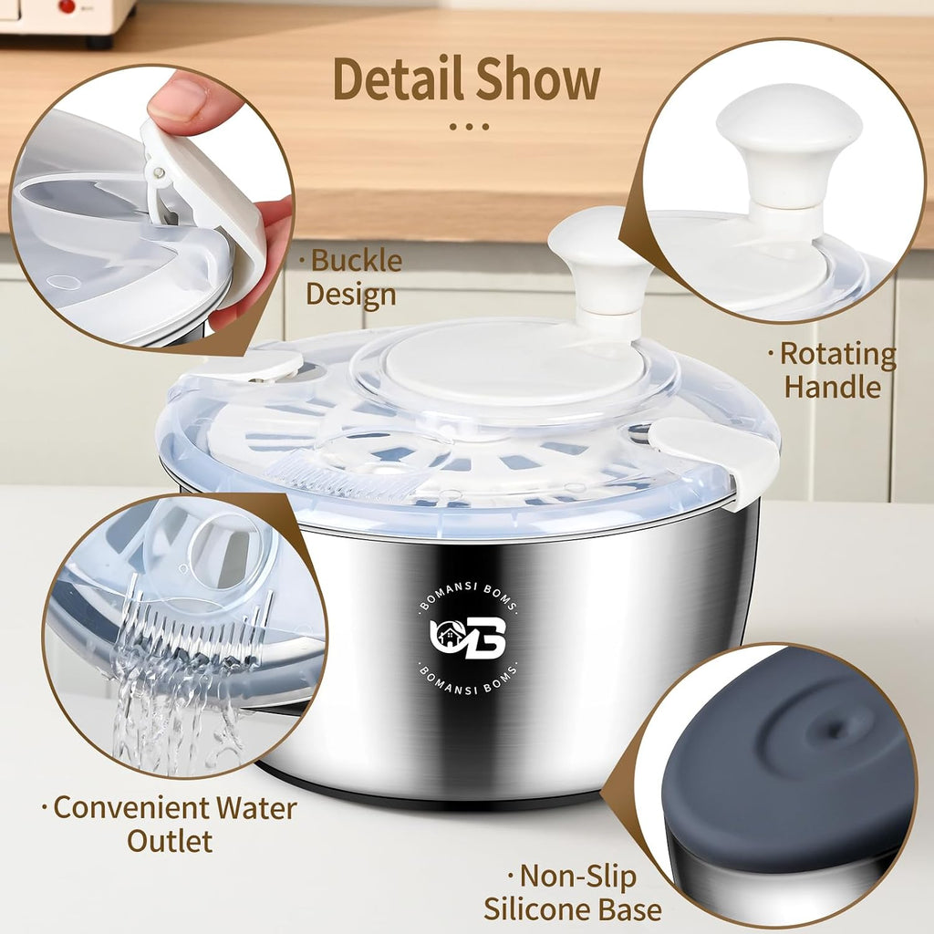5.3 Qt Stainless Steel Salad Spinner, BOMANSI BOMS Large Salad Spinners Vegetable Spinner, Lettuce Spinner, Fruit