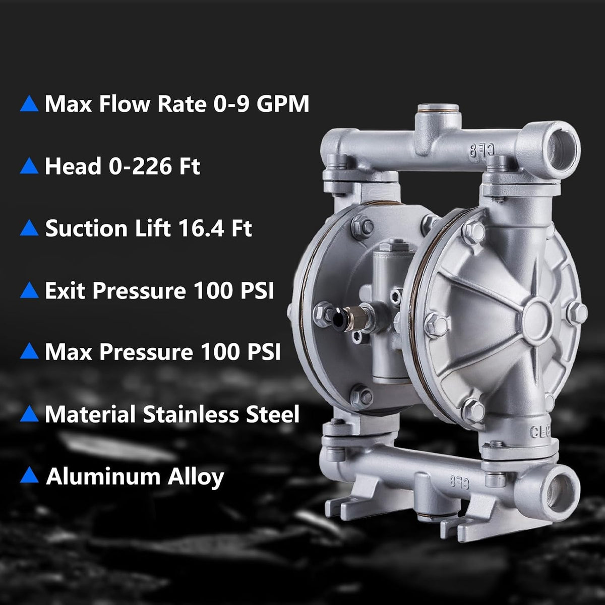 Double Diaphragm Pump Air Operated 1/2 inch Inlet/Outlet Pneumatic Waste Oil Transfer Pump for Chemical QBK-15P 9 GPM Dual Diaphram Polypropylene Nitrile Rubber by Stainless Steel Iron 120 PSI