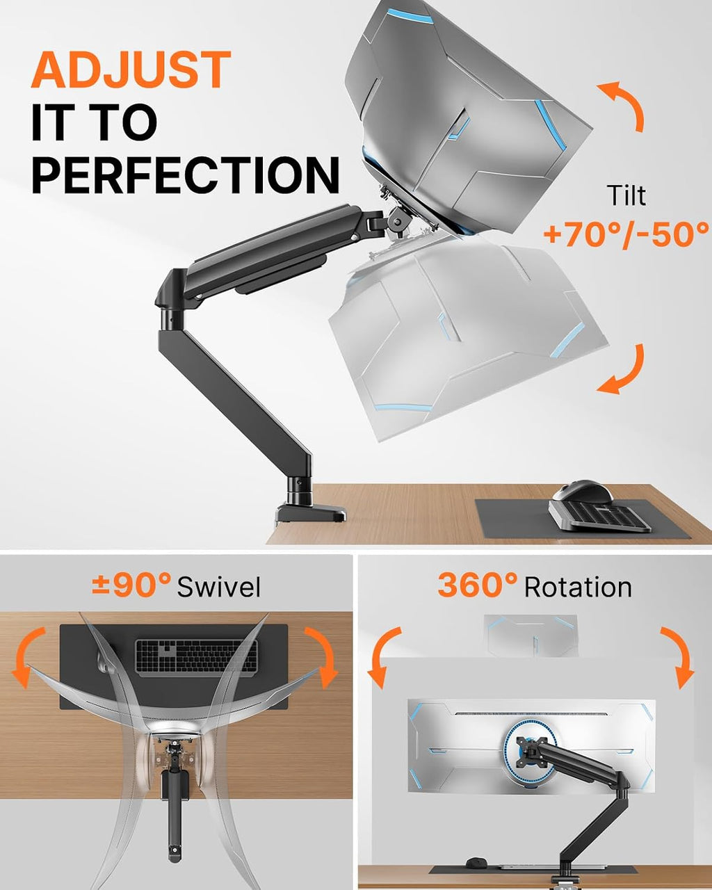 Heavy Duty Monitor Arm for 13-49″ Ultrawide Screens, 37.4 lbs Capacity, Full Motion Monitor Desk Mount, Rock-Solid