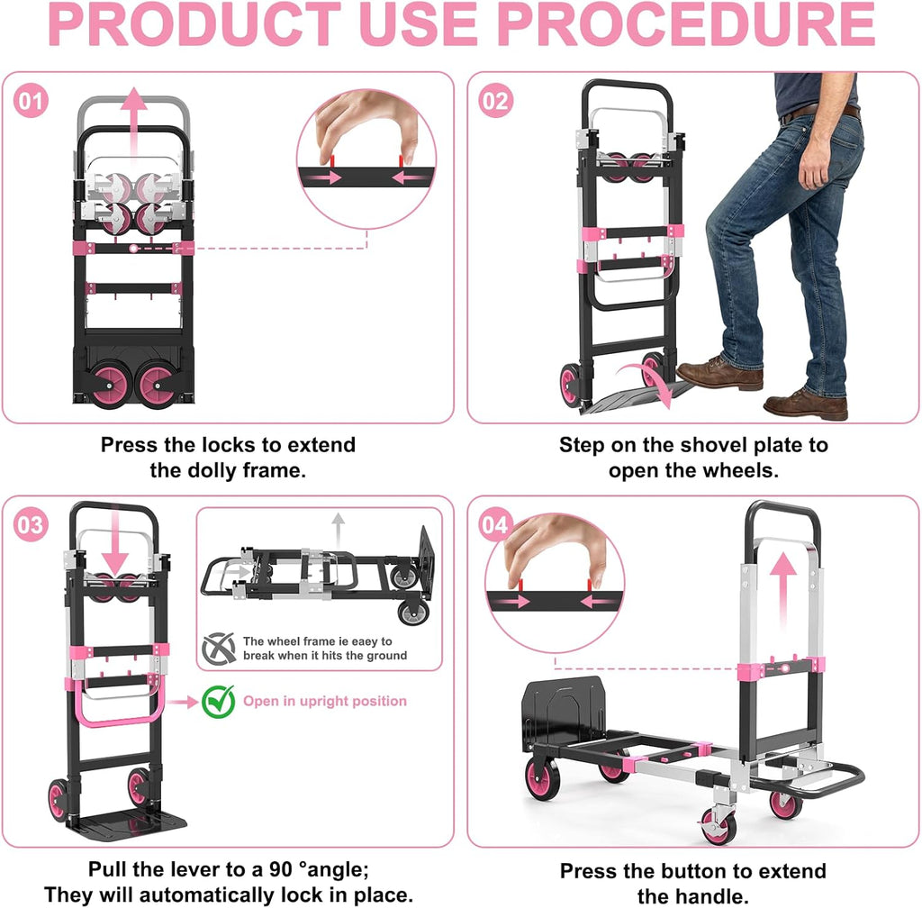 3-in-1 Folding Heavy Duty Hand Truck Dolly Cart Trolley with Wheels (Pink) | 500lbs, Convertible,Moving Cart with