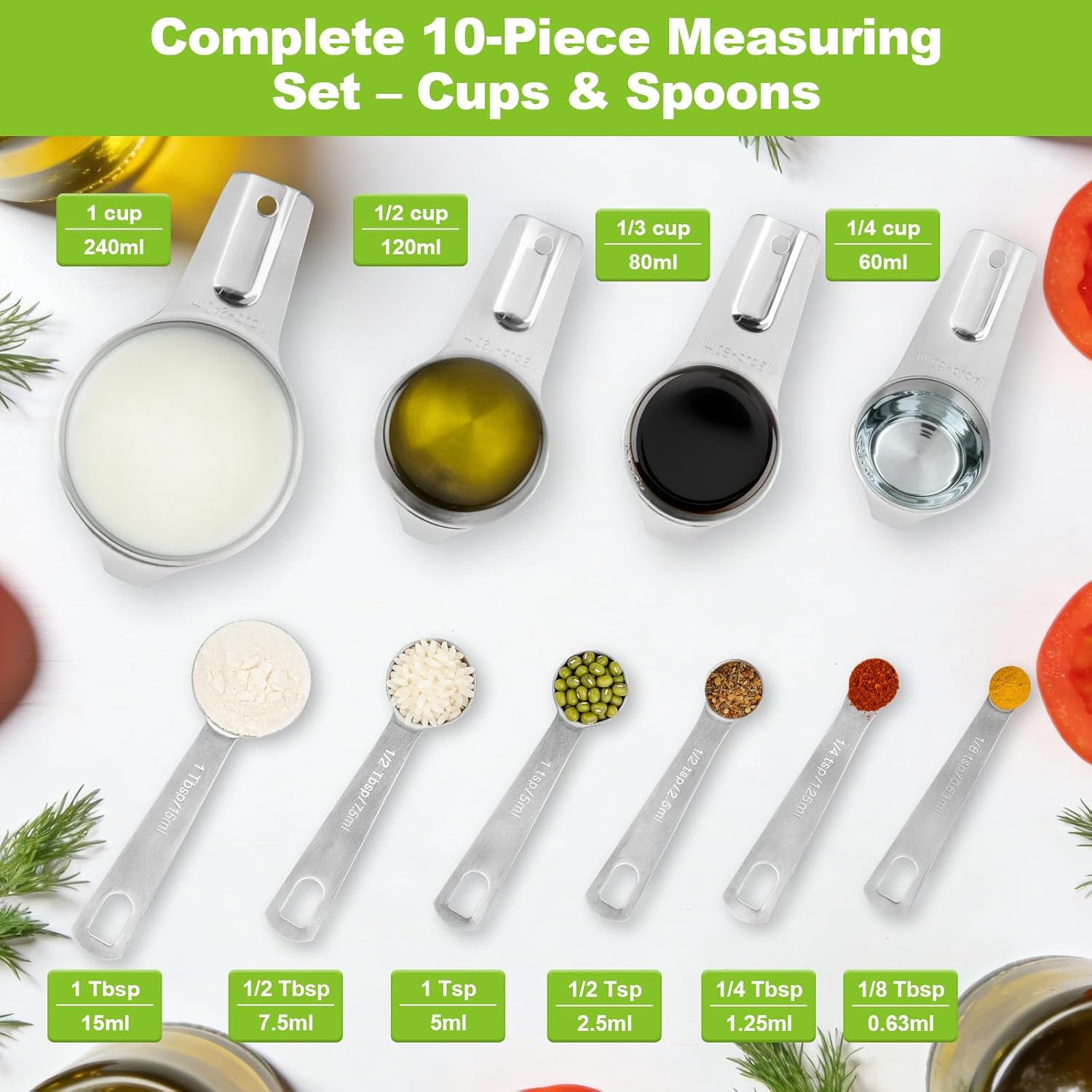 Stainless Steel Measuring Cups and Spoons Set of 10, Nesting Measuring Cup Set - 4 Cups 6 Spoons, Stackable Measure