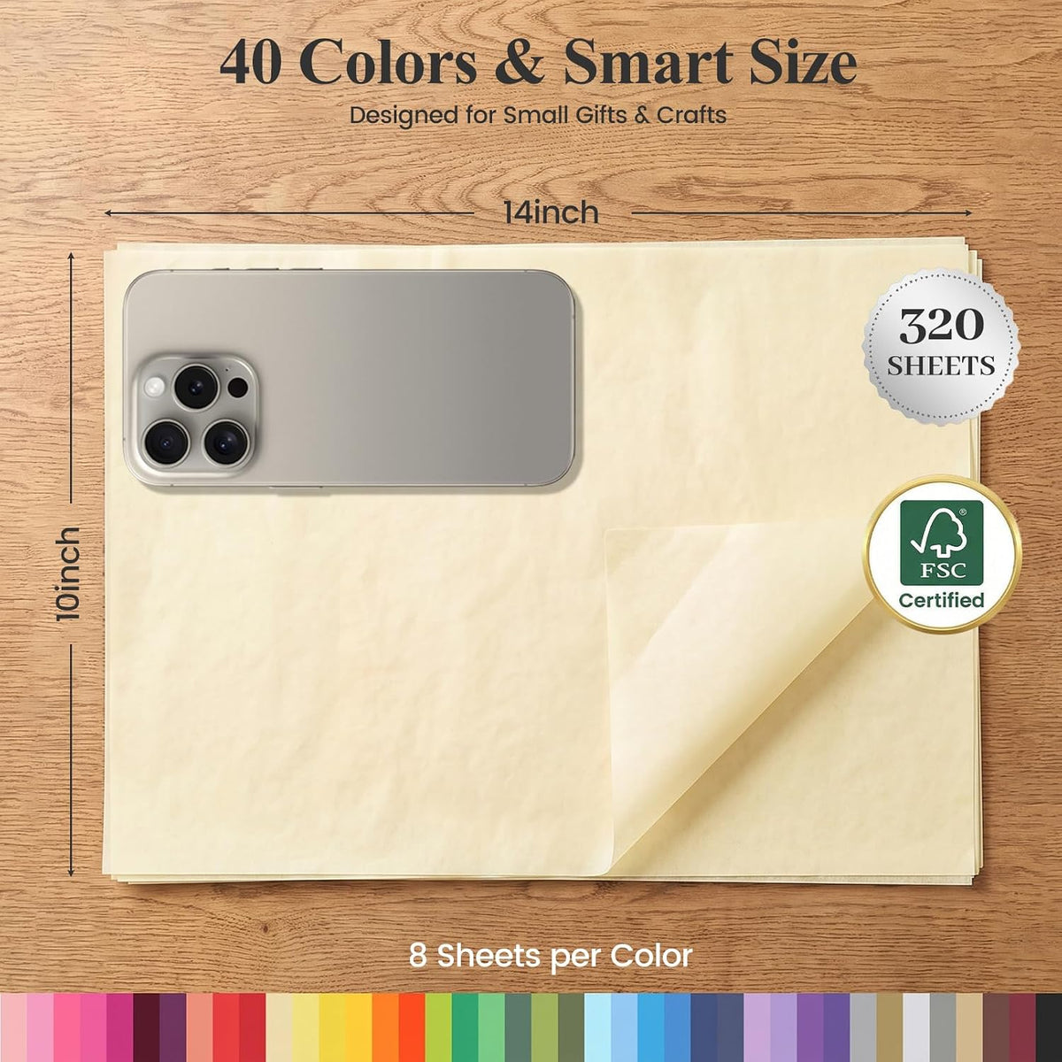 Tissue Paper 320 Sheets, 14 X 10 inch 40 Colors for Gift Bags