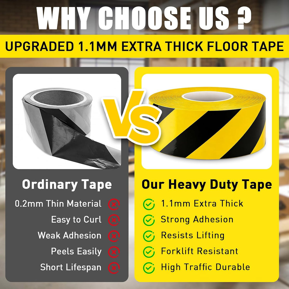 Floor Marking Tape, 1.1mm Extra Thick, Yellow & Black, 2 Inch x 100FT