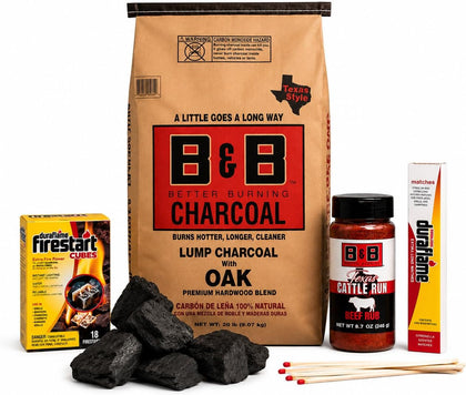 B&B Better Burning Texas Style Lump Charcoal BBQ Gift Bundle with 20 lb Oak Lump Charcoal, Duraflame Firestart Cubes
