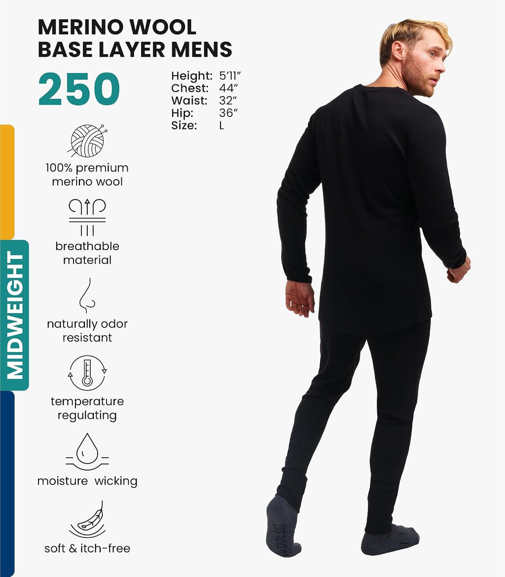 100% Merino Wool Base Layer Men Set - Thermal Underwear for Men Long Johns | Lightweight, Midweight, Heavyweight Long