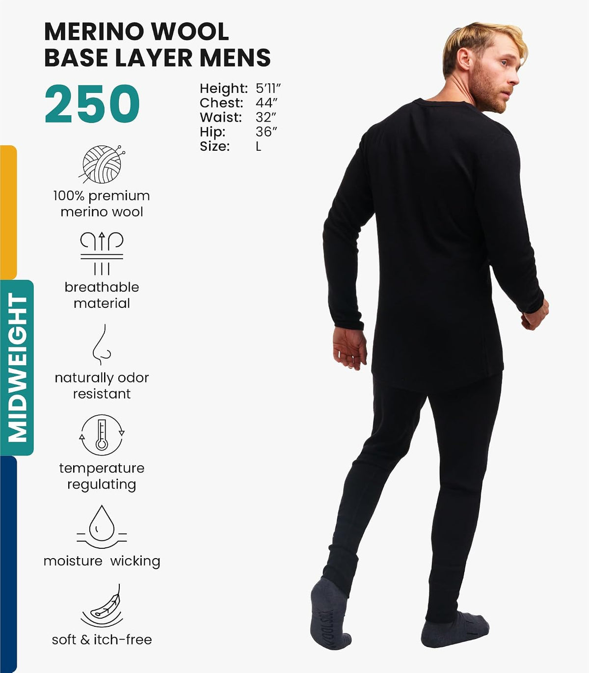 100% Merino Wool Base Layer Men Set - Thermal Underwear for Men Long Johns | Lightweight, Midweight, Heavyweight Long