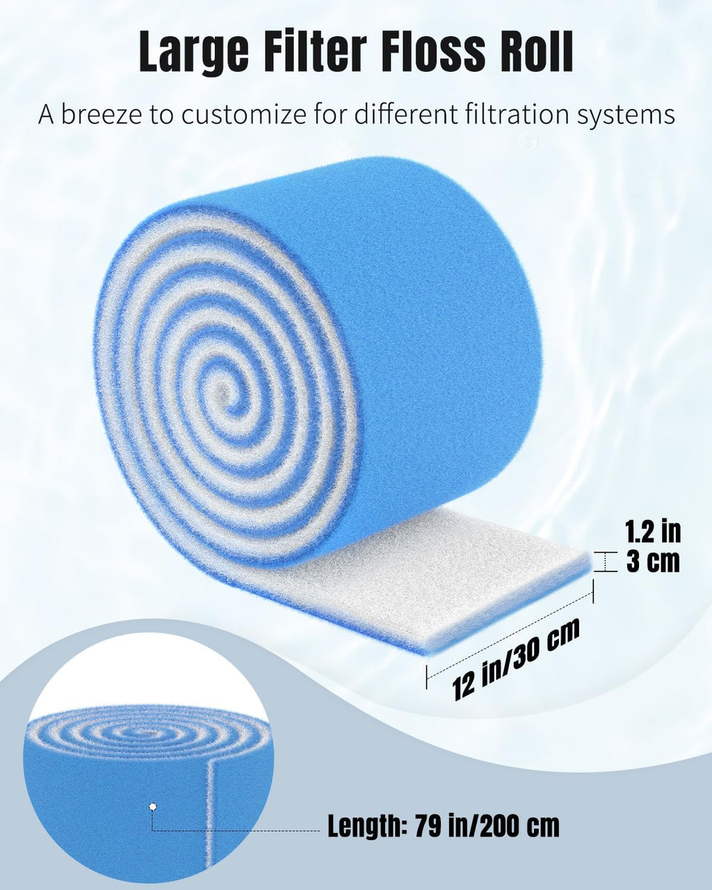Aquarium Filter Floss Roll, 79 x 12 x 1.2 Inch Cuttable Aquarium Filter Pad, Blue and White Aquarium Filter Media