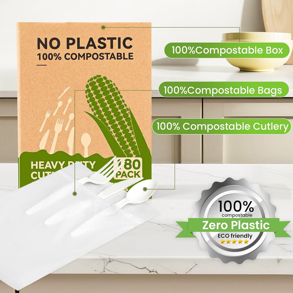 180-Count Compostable Utensils Set - Heavy Duty BPI Certified, Plastic-Free Disposable Forks, Spoons, Knives Set for
