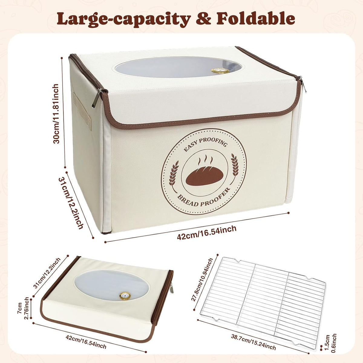 Bread Proofing Box with 68-131℉ Temperature Control & 99H Timer, Foldable Dough Proofer with Metal Rack, Folding