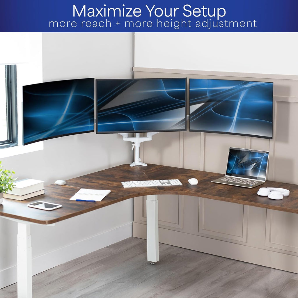 17 to 32 inch Triple Pneumatic Monitor Mount, 2 Pneumatic Arms, 1 Fixed, Adjustable Swivel, Rotation, Heavy Duty VESA