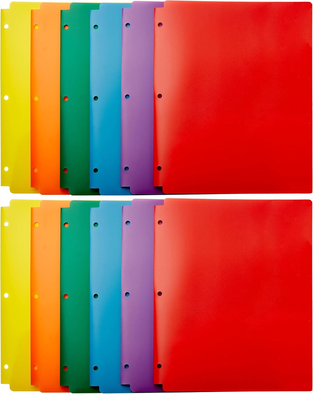 Plastic 3 Hole Punch Folders with 2 Pockets for Documents, Letter Size 8.5 x 11 inches, School Supplies, Assorted