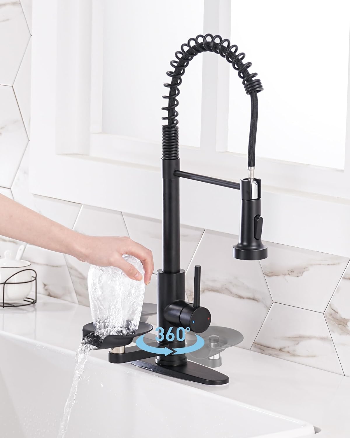 Kitchen Sink Fuacet with Glass Rinser, Single Handle Kitchen Faucet with Pull Down Sparyer, 304 Stainless Steel, Deck