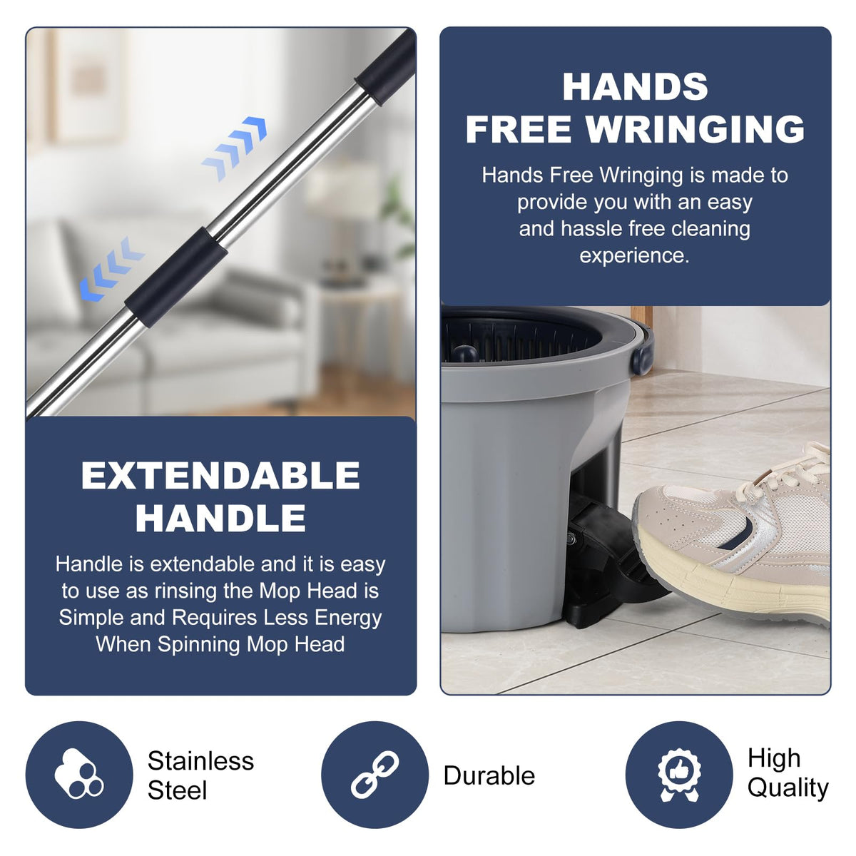 Spin Mop and Bucket System with 180-Degree Rotating Head