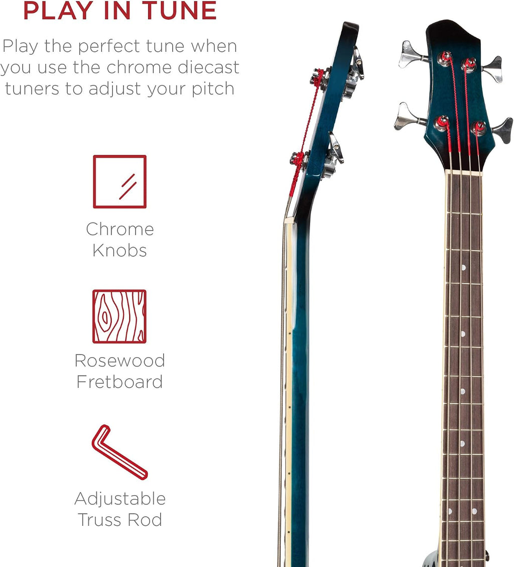 Acoustic Electric Bass Guitar, Full Size 4 String, Fretted Bass Guitar w/Padded Gig Bag - Blue