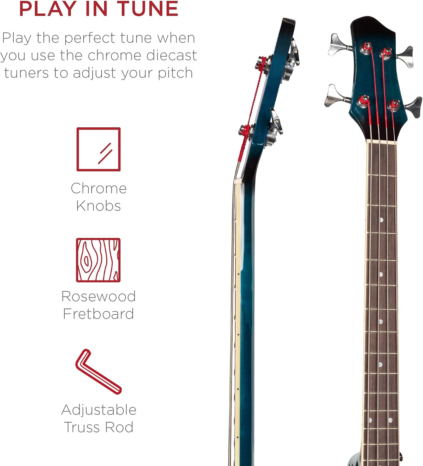 Acoustic Electric Bass Guitar, Full Size 4 String, Fretted Bass Guitar w/Padded Gig Bag - Blue