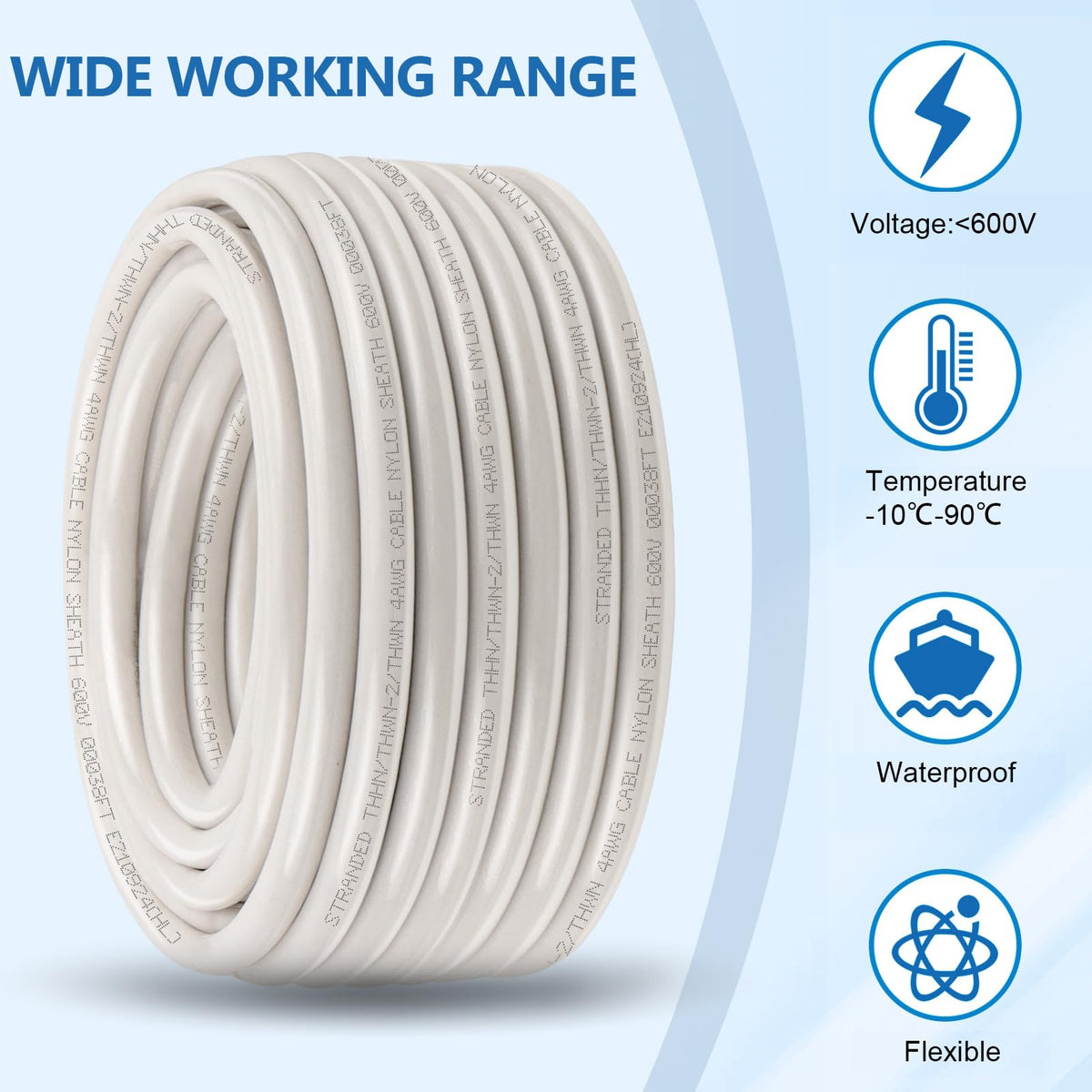 4 Gauge THHN Wire 100 FT, 4 AWG Stranded Copper Electrical Wire, White