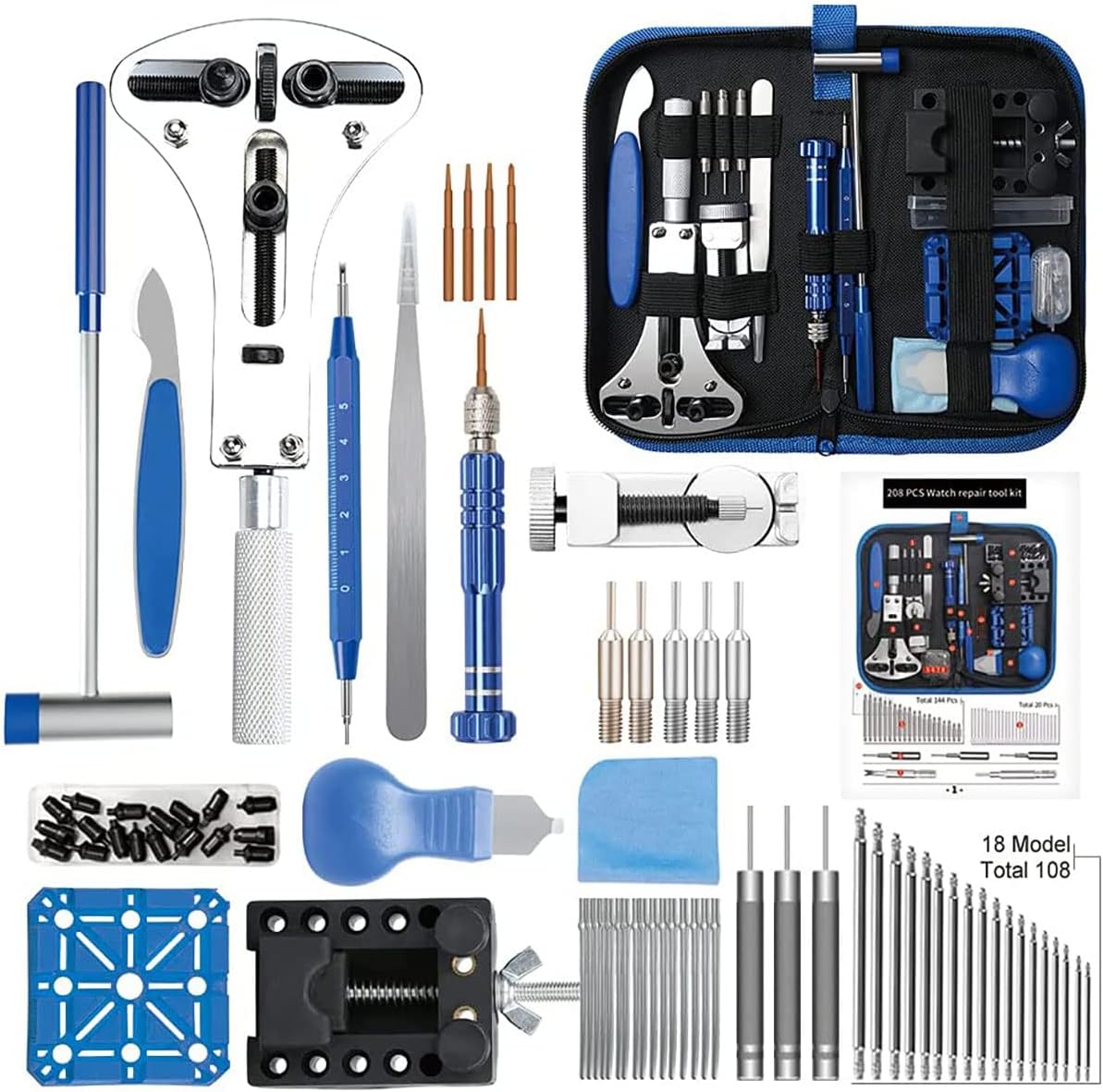 Watch Repair Kit, Professional 208Pcs Watch Battery Replacement | Watchband Link & Back Remover Spring Bar Tool Kit