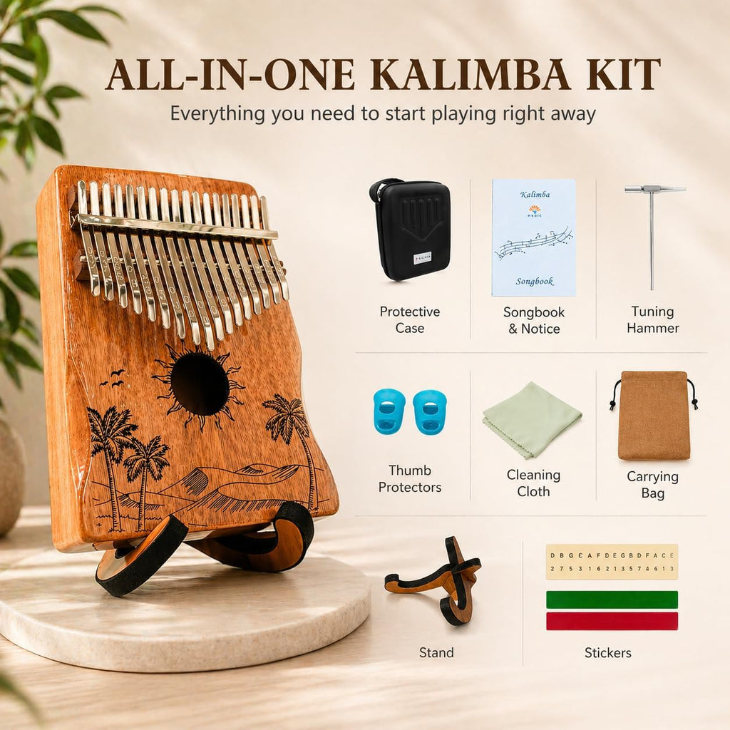 Kalimba 17 Keys Thumb Piano with 25-Song Songbook | Case & Stand | Varnished wood finger piano with protective case