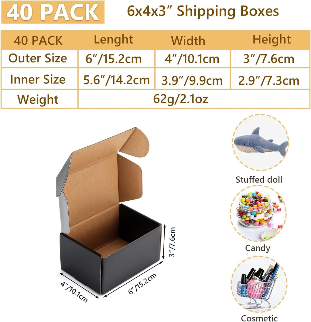 40 Pack 6x4x3 Black Shipping Boxes for Packaging Small Business