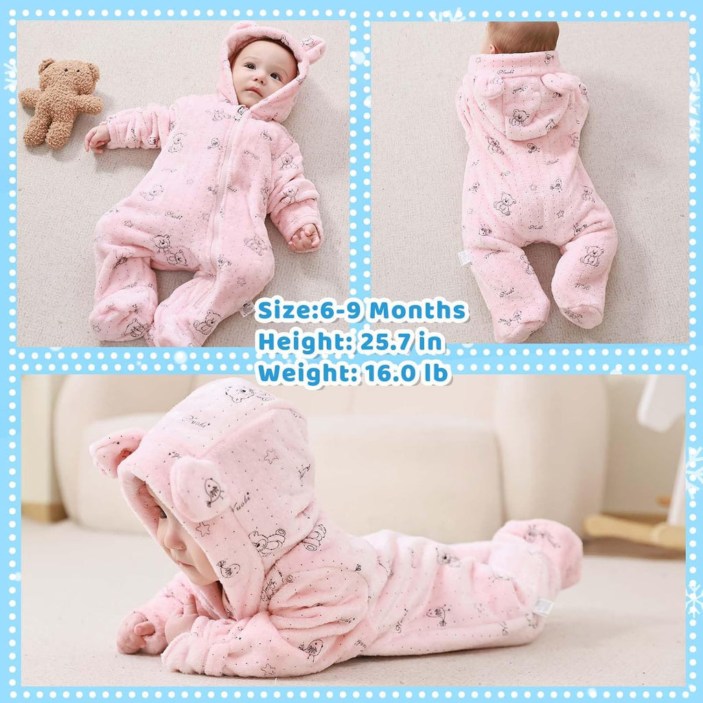 Newborn Baby Bear Suit Thin Fleece Footie Romper Snowsuit Hooded Jumpsuit Bodysuit Winter Clothes Boy Girl 0-12M
