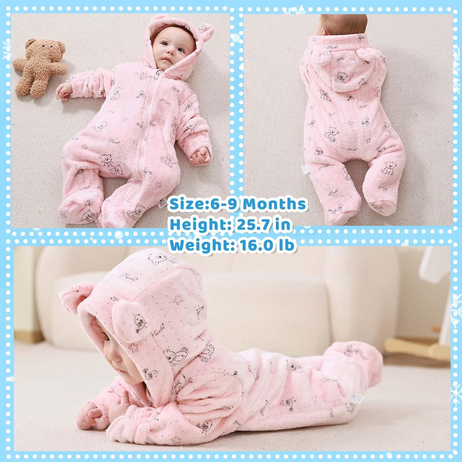 Newborn Baby Bear Suit Thin Fleece Footie Romper Snowsuit Hooded Jumpsuit Bodysuit Winter Clothes Boy Girl 0-12M