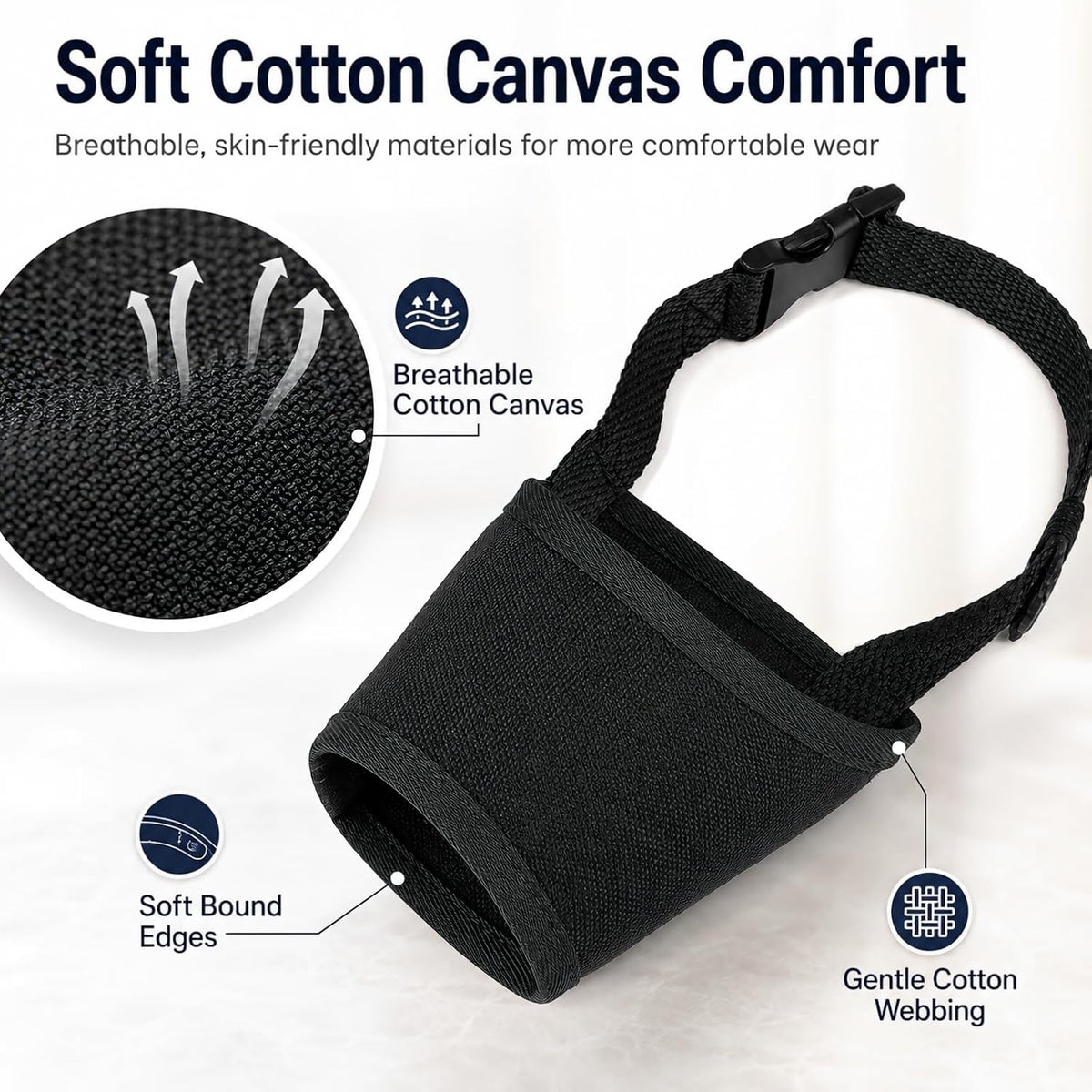 Dog Muzzle for Medium Large Dogs, Soft Cotton Canvas, Adjustable, Black,M