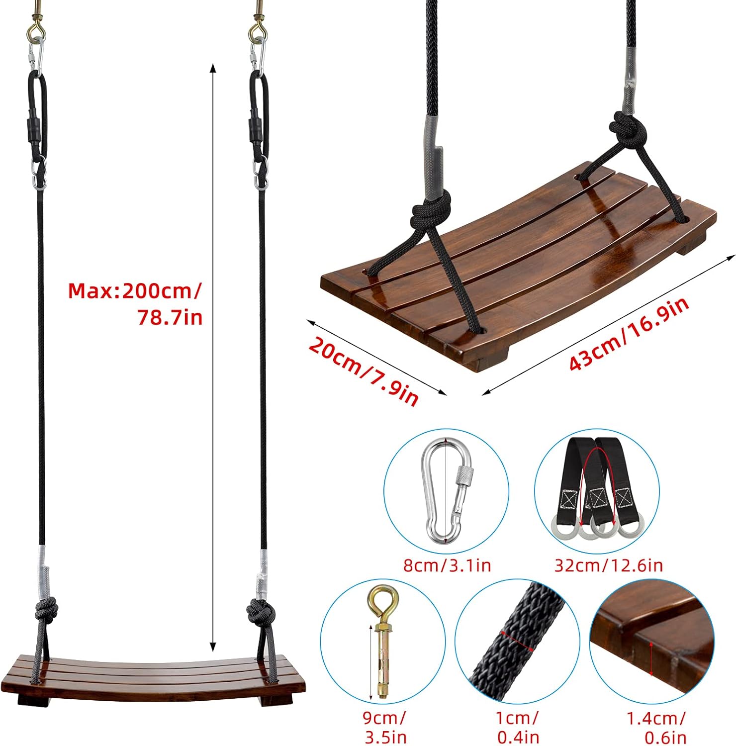 Wood Swing Seat, Carbonized Hanging Wood Tree Swing 16.9 x7.9 x0.5 in for Adult Kids Children Anticorrosive & 100%
