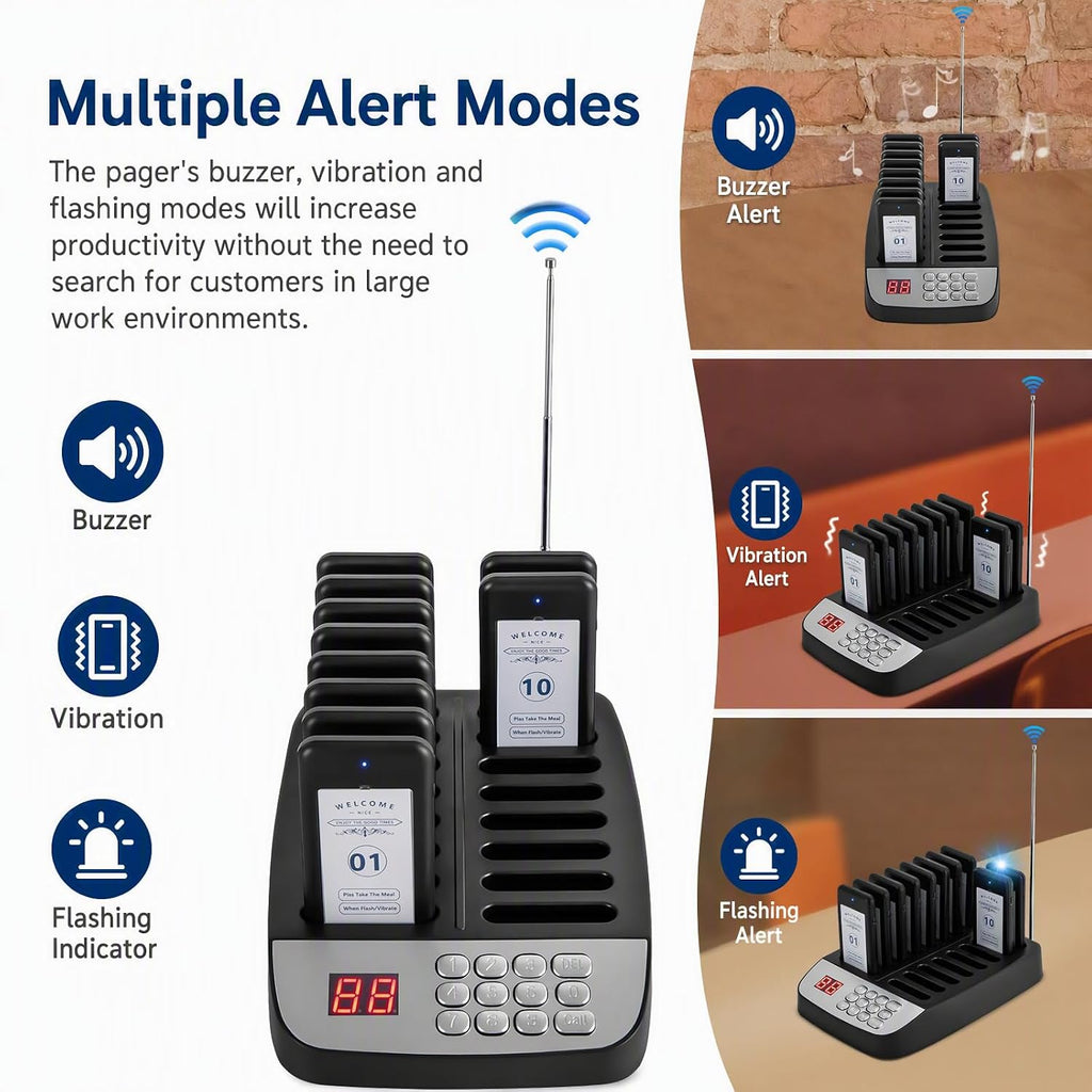 Restaurant Pager System, Wireless Guest Customer Service Calling System, 10 Pagers and 16 Charging Slots, Buzzer