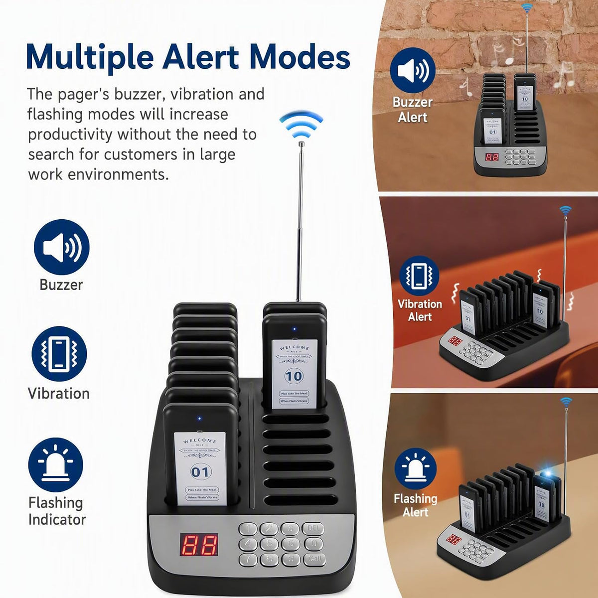 Restaurant Pager System, Wireless Guest Customer Service Calling System, 10 Pagers and 16 Charging Slots, Buzzer