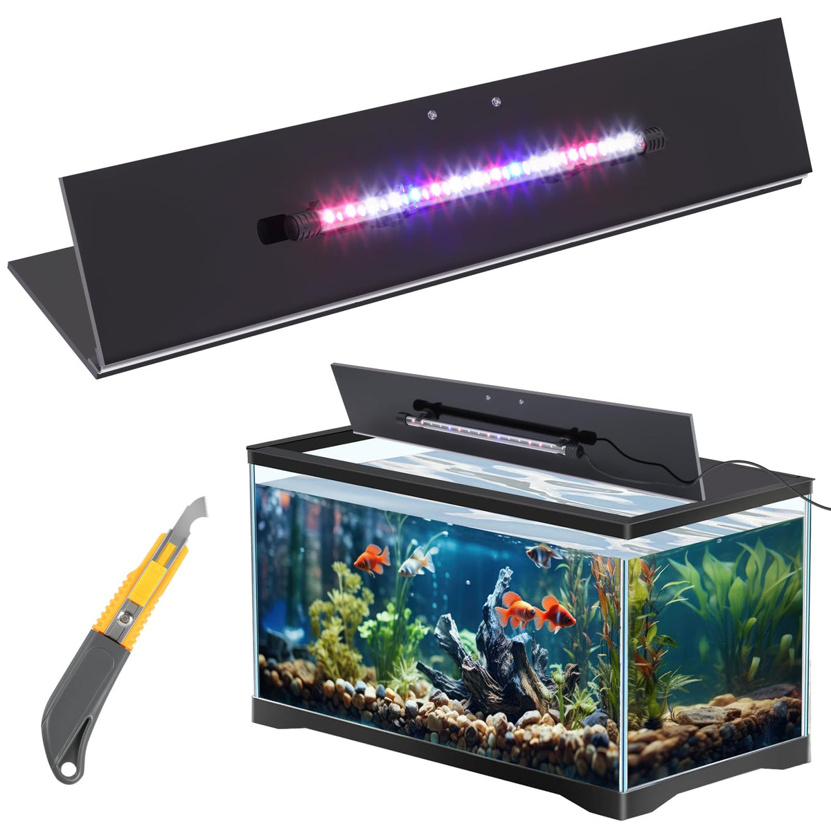 Aquarium Lids Canopy with LED Light, 2 Pcs, Black, 24x12in