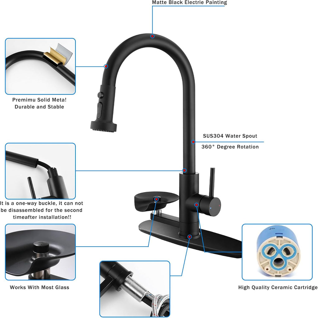 Pull Down Kitchen Faucet with Glass Rinser, 3 Spray Modes, Matte Black