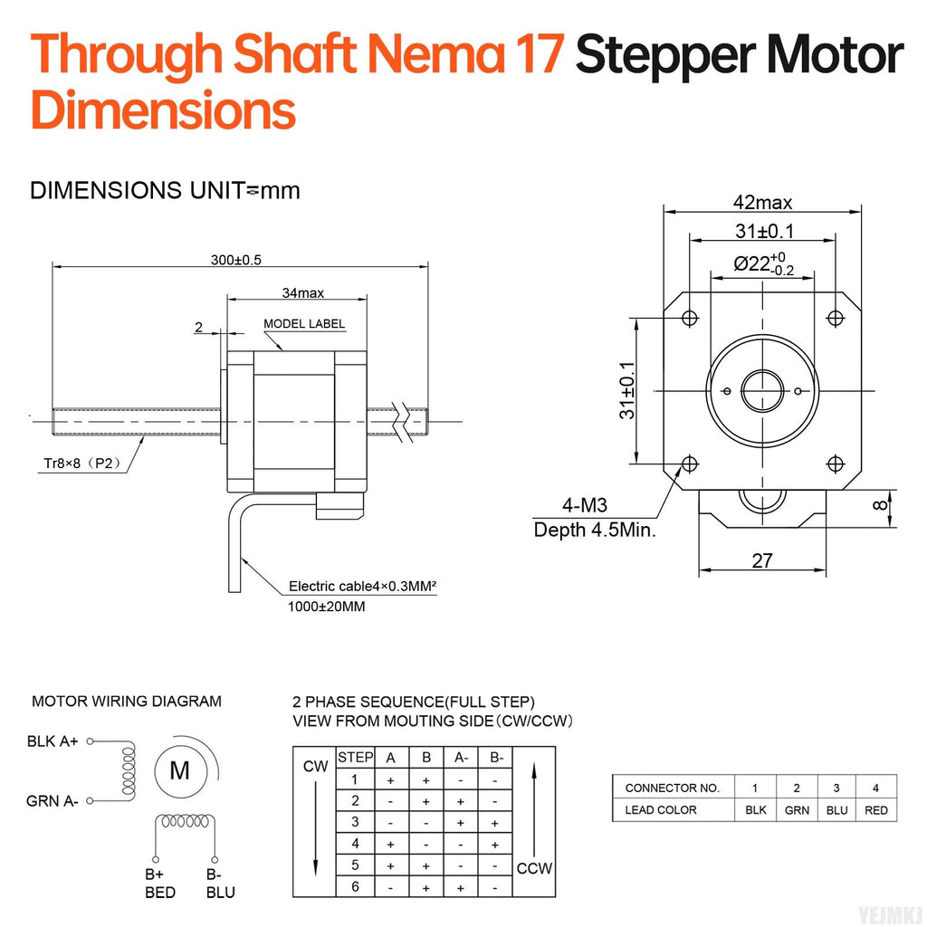 YEJMKJ Through Shaft Nema 17 Stepper Motor TR8x8 300mm 42x34mm 0.3Nm 1.5A