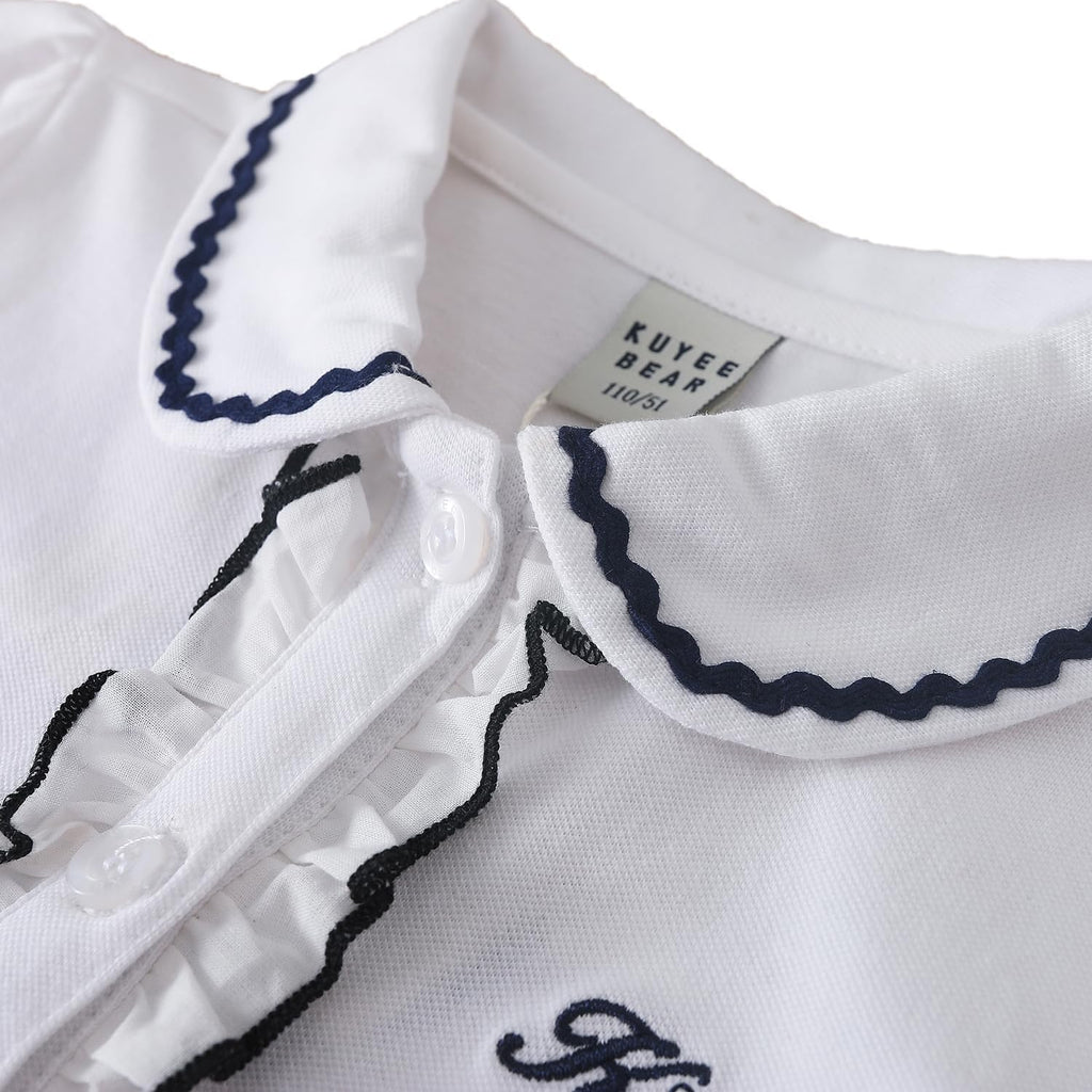 Girls Polo Shirt, White Short Sleeve Peter Pan Collar Top with Navy Trim, Ages 4-12