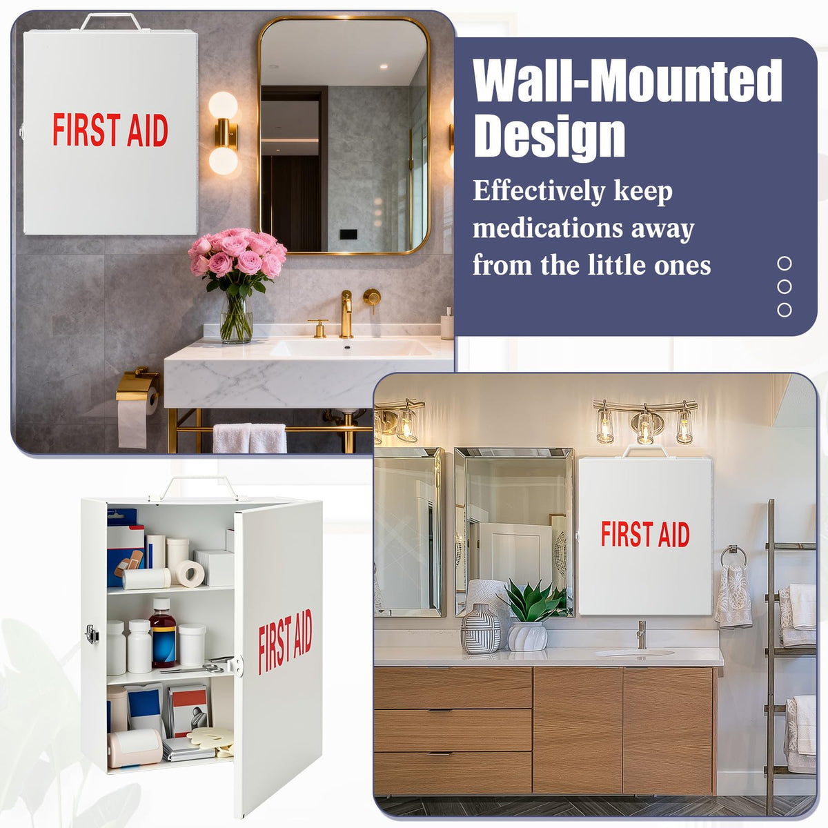 First Aid Kit with Lock 3 Shelf Wall Mount Medicine Cabinet White