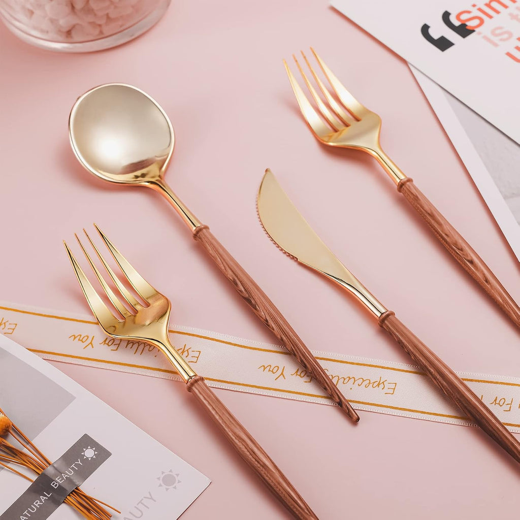 120PCS High End Gold Plastic Silverware with Wood Grain Handle