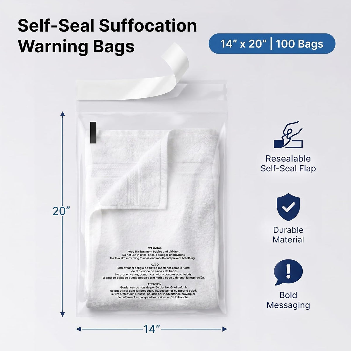 14” X 20” (100 Count) Self Seal Clear Poly Bags with Suffocation Warning