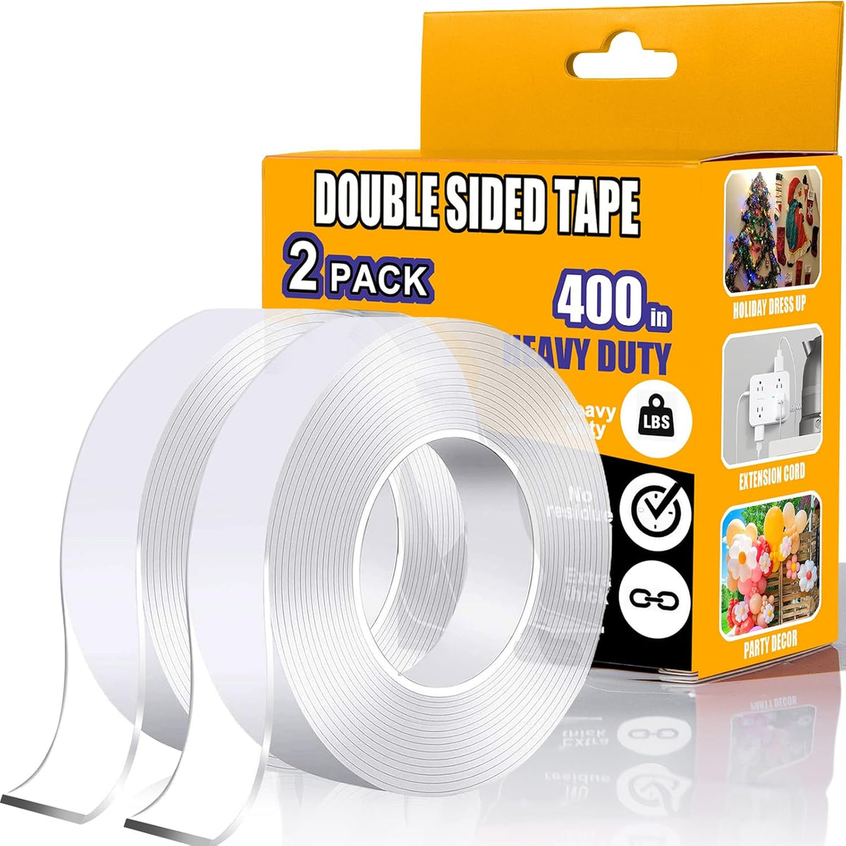 Double Sided Tape Heavy Duty 2 Pack, 1.2 Inch x 400 Inch ，Extra Large Nano Double Sided Adhesive Tape for Walls