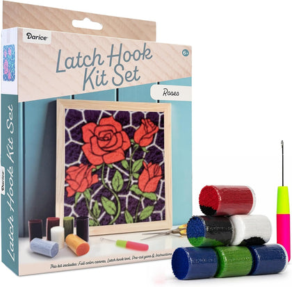 Latch Hook Rug Kit, Roses Design DIY Latch Hook Kit for Kids & Adults, Color Canvas, PreCut Yarn & Hook Tool, Craft