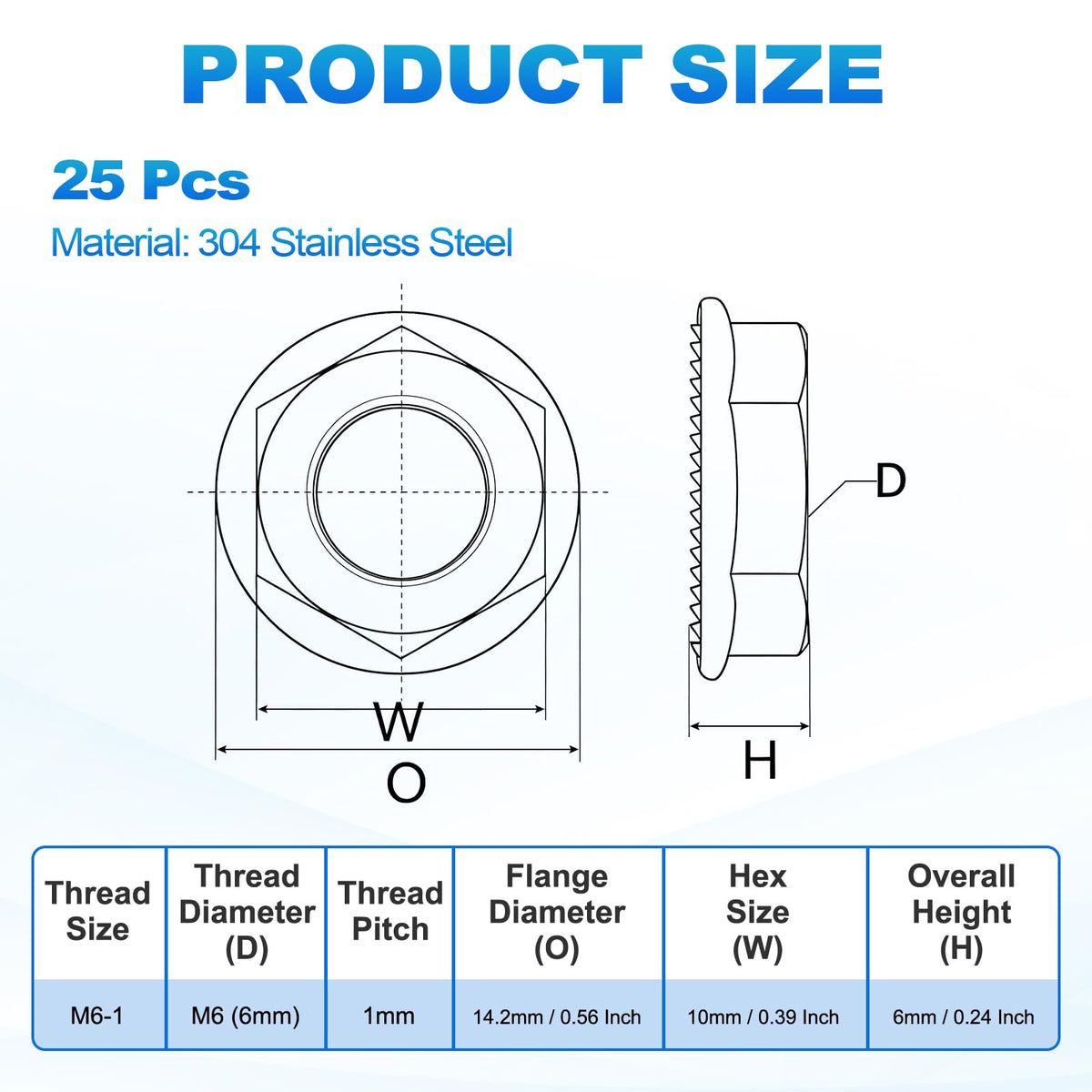 Kozelo 25Pcs Serrated Flange Hex Nuts M6-1-Coarse 304 Stainless Steel