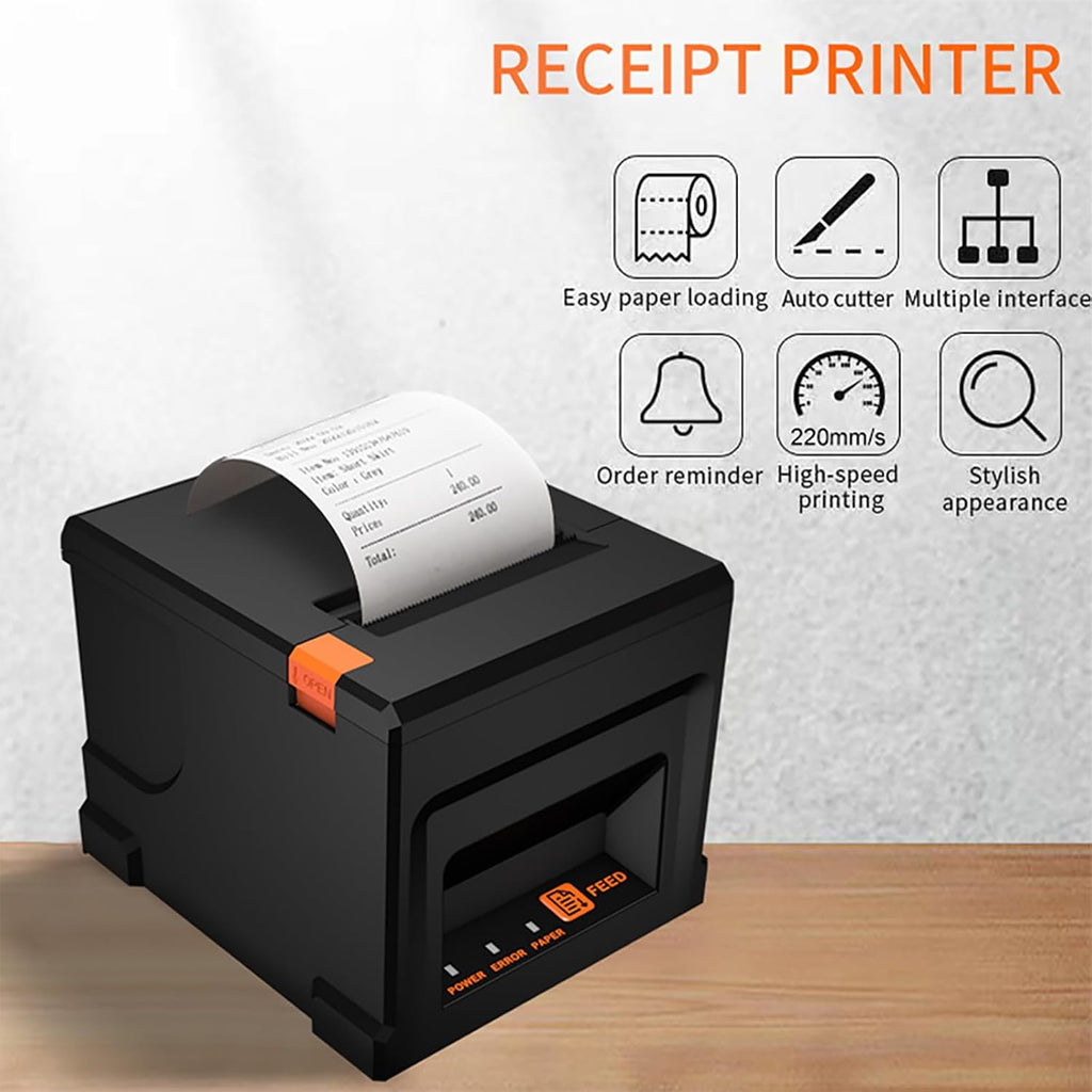 POS Thermal Printer, 80mm Thermal Receipt Printer with Auto Cutter, Sound and Light Alarm, USB+Network Interface
