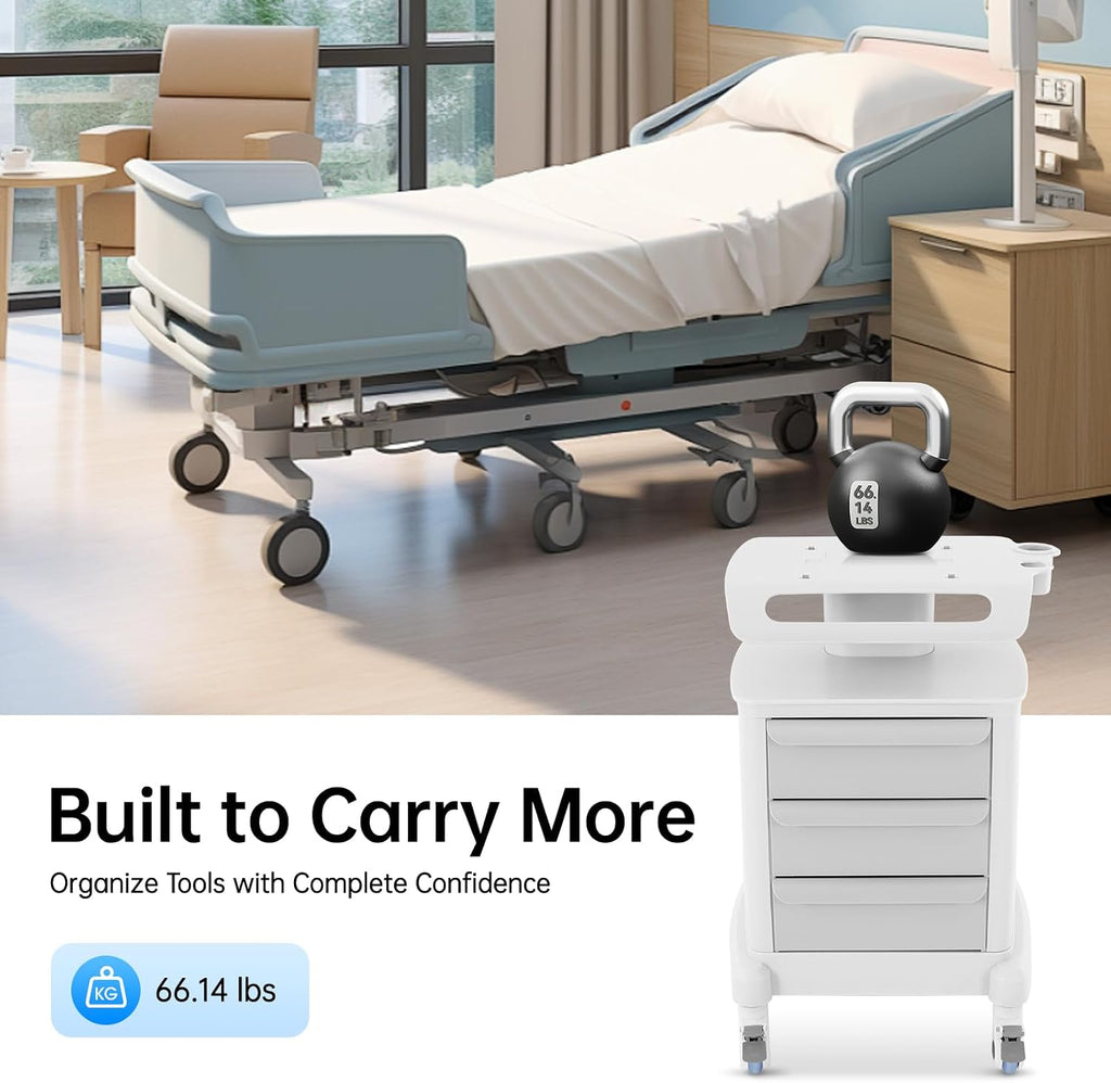 Medical Cart, Professional Mobile Medical Trolley with 4 Slient Wheels and 3 Drawers, 66.1LBS Load Capacity Salon